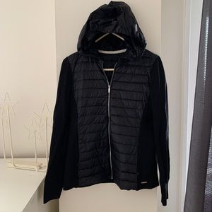 Black sport ponte and puffy jacket.
